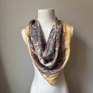 GPT Vintage Club 7 Echo Silk Scarf Pastel Paisley Floral 31” Square Yellow Blue Pink Green Ivory Colors Hand Rolled Edges