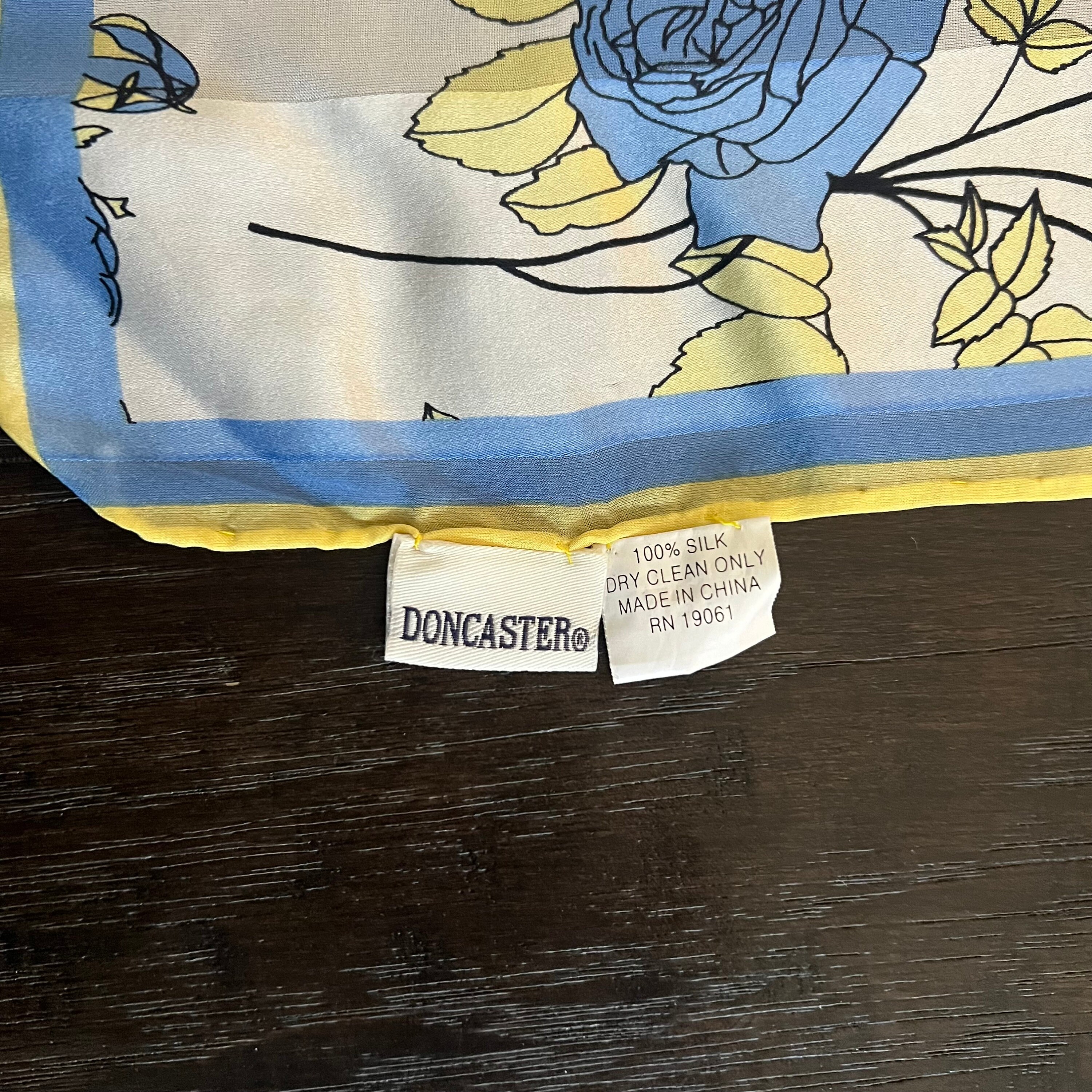 Vintage Silk Scarf Blue Yellow White Printed Roses Doncaster