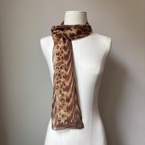 Leopard Print Sheer Rectangle Silk Scarf  Ellen Tracy Silk Brown & Beige Animal Print Neckerchief Retro Chic Hair Scarf or Bag Accessory