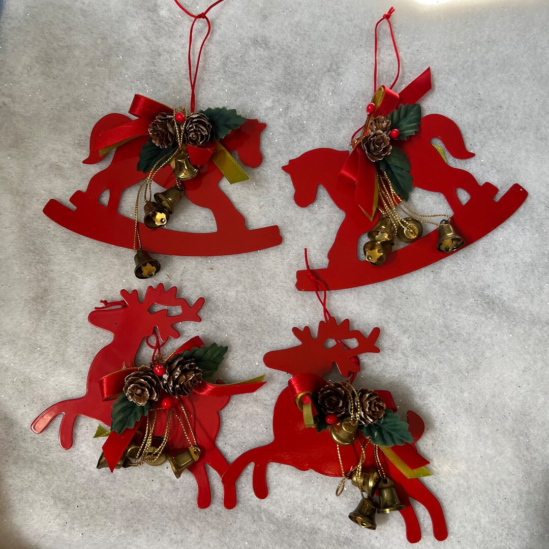 Vintage Red Metal Reindeer & Rocking Horse Ornaments Set of 4 Holly