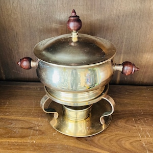 Vintage Heavy 8 pounds Thick Gauge Solid Brass Chafing Dish With Lid Stand Burner All Solid Brass