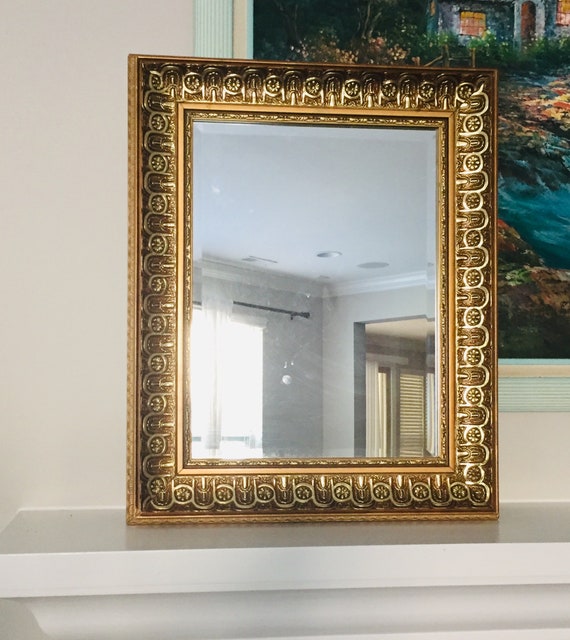 Vintage Gold Framed Mirror Small Beveled Rectangular 22 Carved Frame