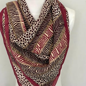 Anne Klein 100% Silk Animal Print Scarf 35 Inch Square Maroon White and Brown Leopard, Zebra & Snake Print Silk Scarf