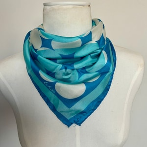 Vintage Blue Polka Dot 100% Silk Scarf 22.5 Inch Square Blue Light Blue White Polka Dot ECHO Silk Scarf Handrolled Made in Japan