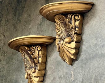 Vintage Hollywood Regency Gold Gilt Wall Shelf Brackets, Carved Wood, Set of 2