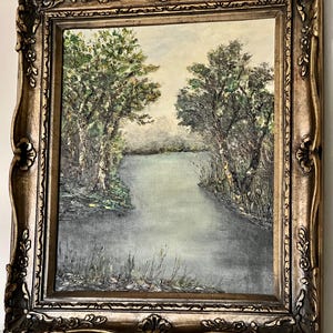 Gilt Wood Frame Oil Painting: Renaissance Lake Art, 31&quot;x27&quot;