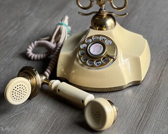 Vintage 1971 Electra Rotary Desk Phone - Beige & Gold, Made in