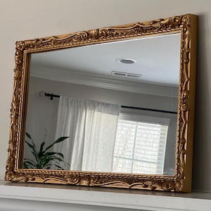 Vintage Gold Mirror 35” x 23” Rectangular Gold Gilt Mirror Floral Carved Gold Frame Hollywood Regency Style  Mirror