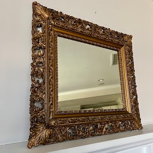 Vintage Gold Gilt Mirror Ornate Squarish Rectangular Gold Gilt Mirror 37x 33 Carved Gold Frame Small Decorative Wall/ Mantel Mirror