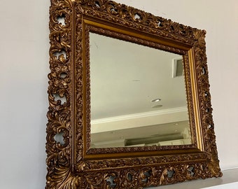Vintage Ornate Gold Gilt Mirror: Carved Wood Frame (37.5x33.5)