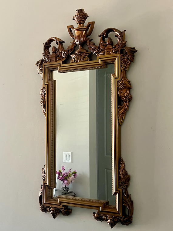 Vintage Hollywood Regency Gold Gilt Mirror - 46 Inch Carved Accent