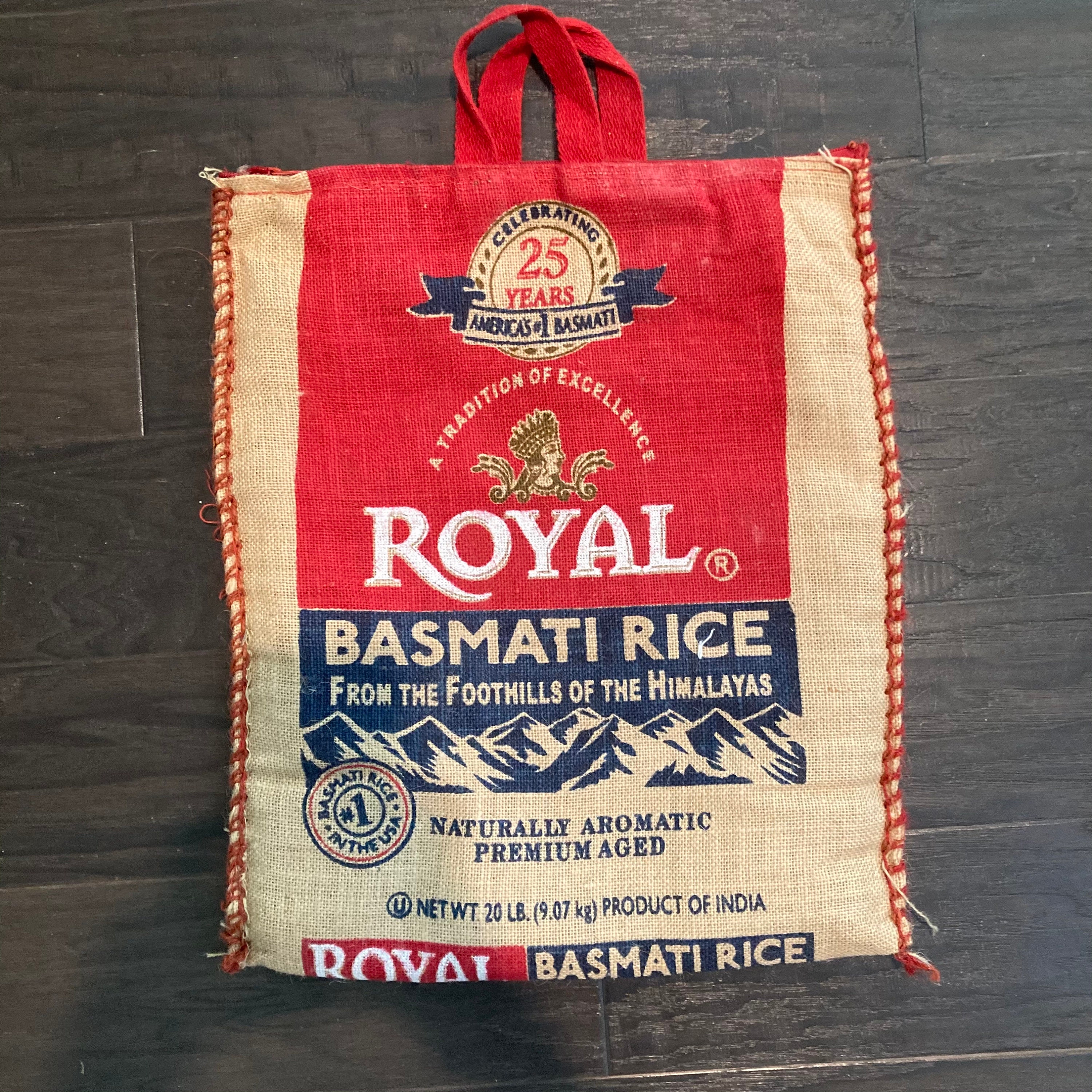 EMPTY India Royal Basmati Rice Burlap Zipper Bag Sack w/ Handles RED HANDLES 