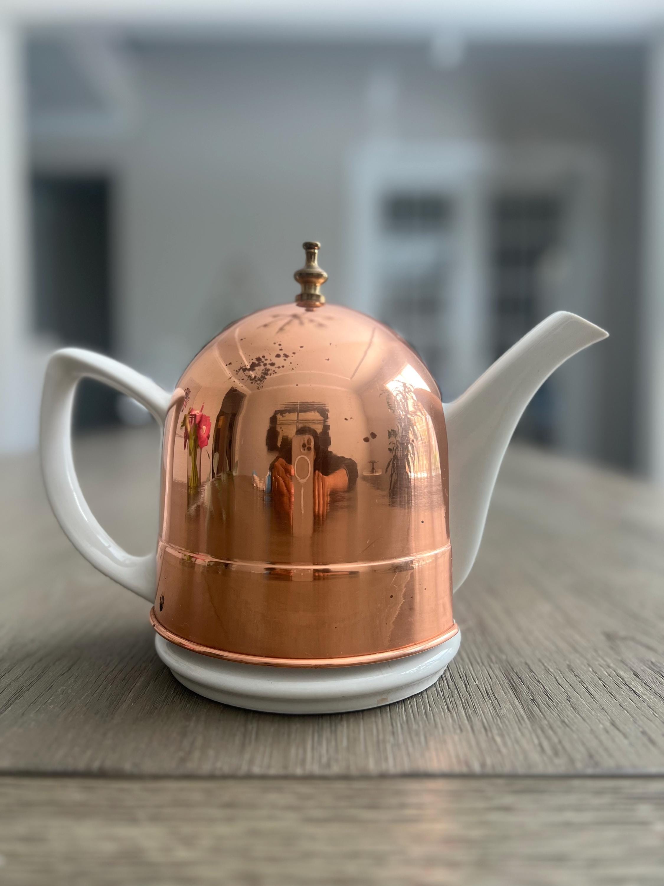 Vintage Baker Hart & Stuart Teapot: White Ceramic With Copper Cozy