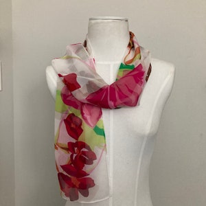 Floral Silk Scarf Vintage Anne Klein White  Red Pink Floral Silk Scarf 61 x 13 Inch Rectangle Silk Scarf