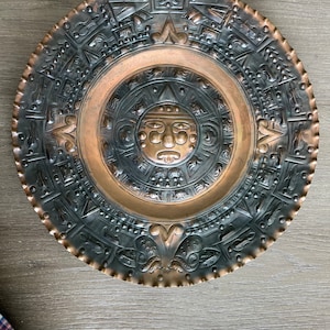 Copper Mayan Aztec Calendar Wall Art  16” Large Copper Religious Calendar Plate Handmade Hand Hammered Copper Sun Stone Art Made in Mexico
