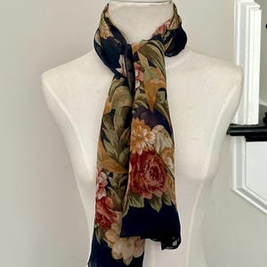 Vintage 100% Silk Scarf Blue Pink Beige Cream Green Flowers Leaves Flourishes Classic Italian Sheer Silk Scarf 45” Large Square Scarf