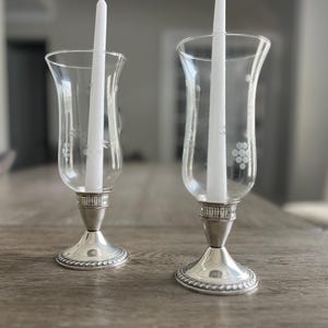 Sterling Silver Hurricanes Duchin Creations Vintage  Candle Holders With Glass Hurricane Lamps Sterling Base Etched Glass Globes