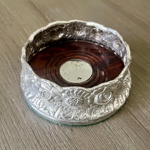 Vintage Sterling Silver Champagne Wine Bottle Coaster by Galmer 925 Roses and Chrysanthemum Floral Relief Champagne Wine Bottle Coaster