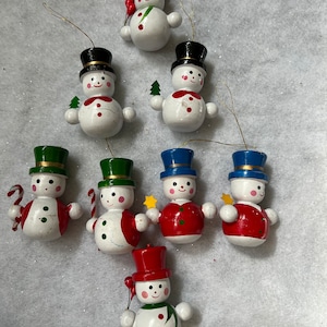 Vintage Snowman Christmas Ornaments Hand Crafted & Hand Painted Colorful Wood Snowman Ornaments Set of 8 Handcrafted Vintage Wood Ornaments