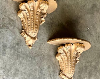 Vintage Hollywood Regency Gold Gilt Wall Shelf Brackets: Fluted Floating Shelves, Set of 2