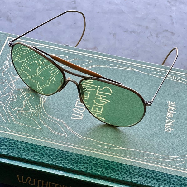 Antique Sunglasses Green Tint Aviator Lenses Gold Frame Wrap Around Over The Ears Glasses Large Vintage Mens Green Aviators Sunglasses