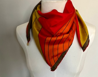 Vintage Silk Scarf Vera Neumann Silk Scarf 26 Inch Square Art Deco Geometric Print Red Orange Gold Brown Color Classic Silk Scarf