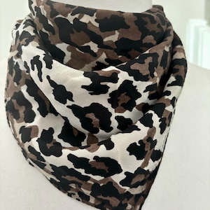 Leopard Print Square Silk Scarf  100% Pure Silk 21” Black, Brown & White Animal Print Neckerchief Retro Chic Hair Scarf or Bag Accessory
