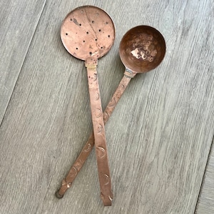 Vintage Copper Skimmer Ladle Set Long Handled Heavy Gauge Copper Serving & Cooking Utensils Minimalism Holistic Ayurveda Copper Housewares