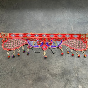 Traditional Indian Toran Shubh Labh Entryway Hanger Colorful Fabric Toran Featuring Peacocks Indian Decor Housewarming Diwali Gifts 39”x11”
