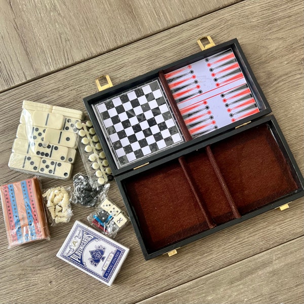 Vintage Travel Board Game Set Mini Multi Board Game Set Mini Travel Chess, Checkers, Backgammon, Cribbage,Dominos Game Boards Briefcase