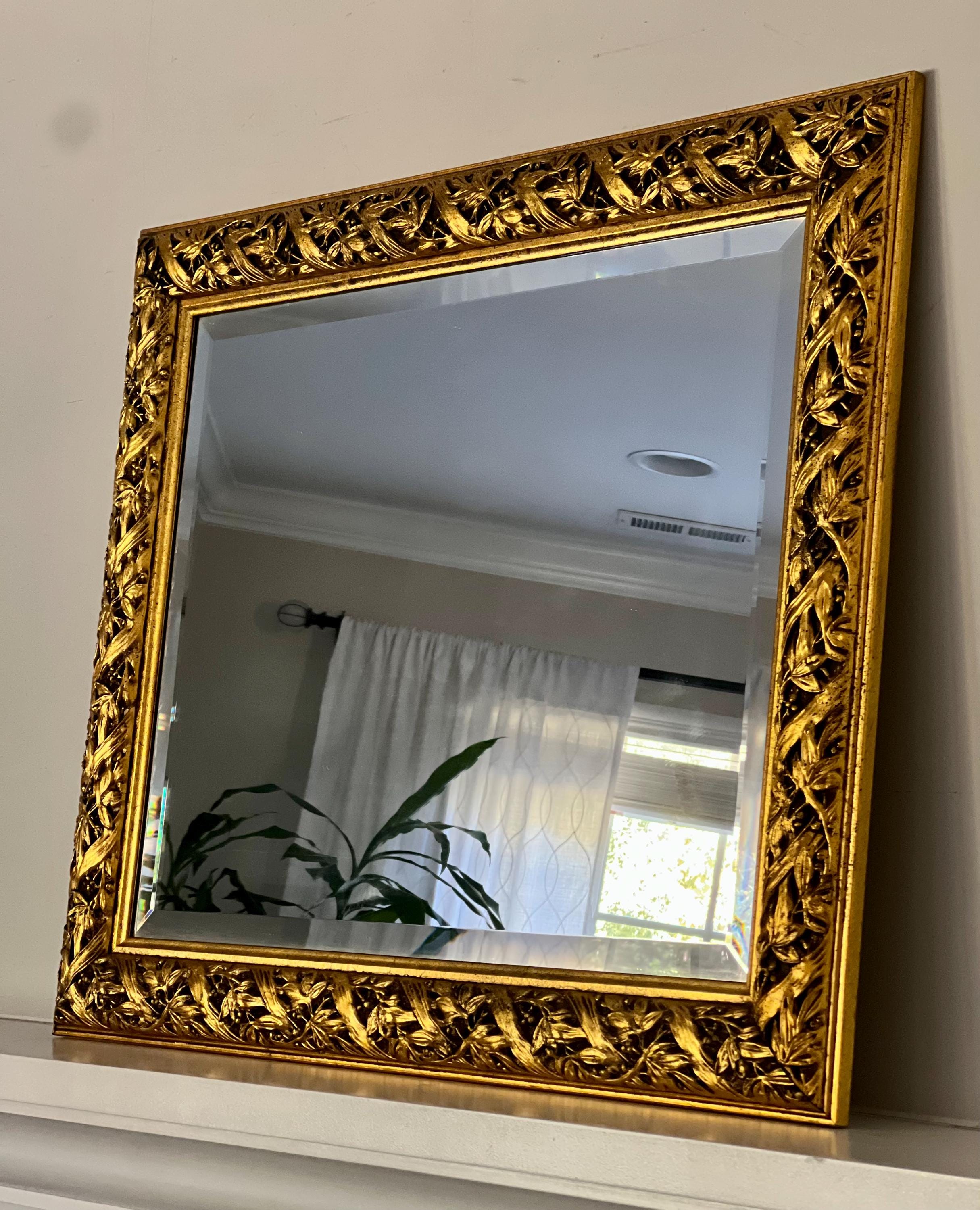 Vintage Gold Gilt Mirror: Large Rectangular Carved Leaf Frame 35