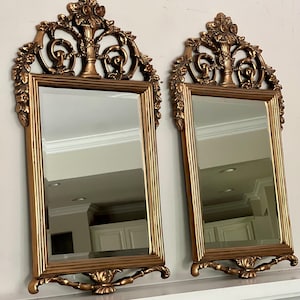 Set of 2 Gold Gilt Mirrors 31 Inch Rectangular Gold Gilt Mirror Pair Carved Gold Frame With Top Adornment Hollywood Regency Style