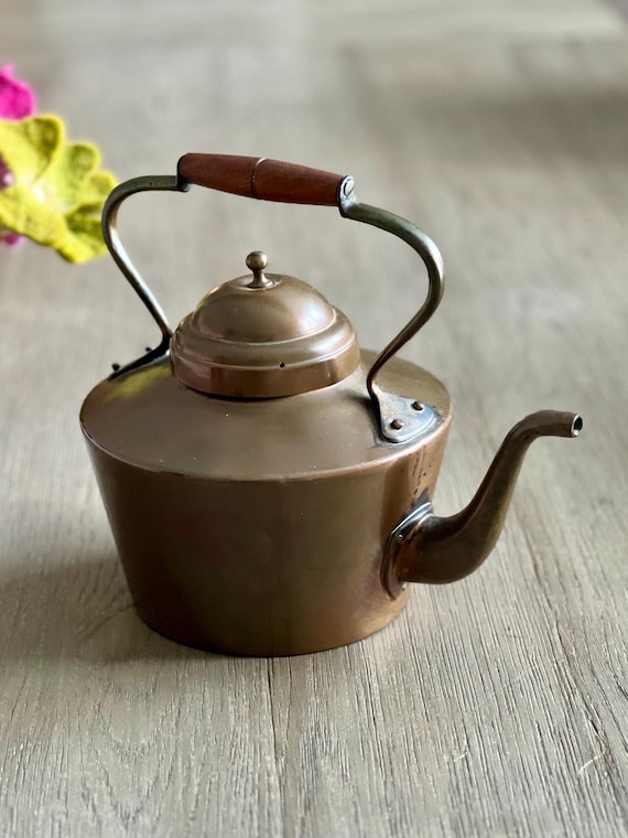 Antique Copper Teapot: Swan Spout Kettle, Wood Handle, Made in