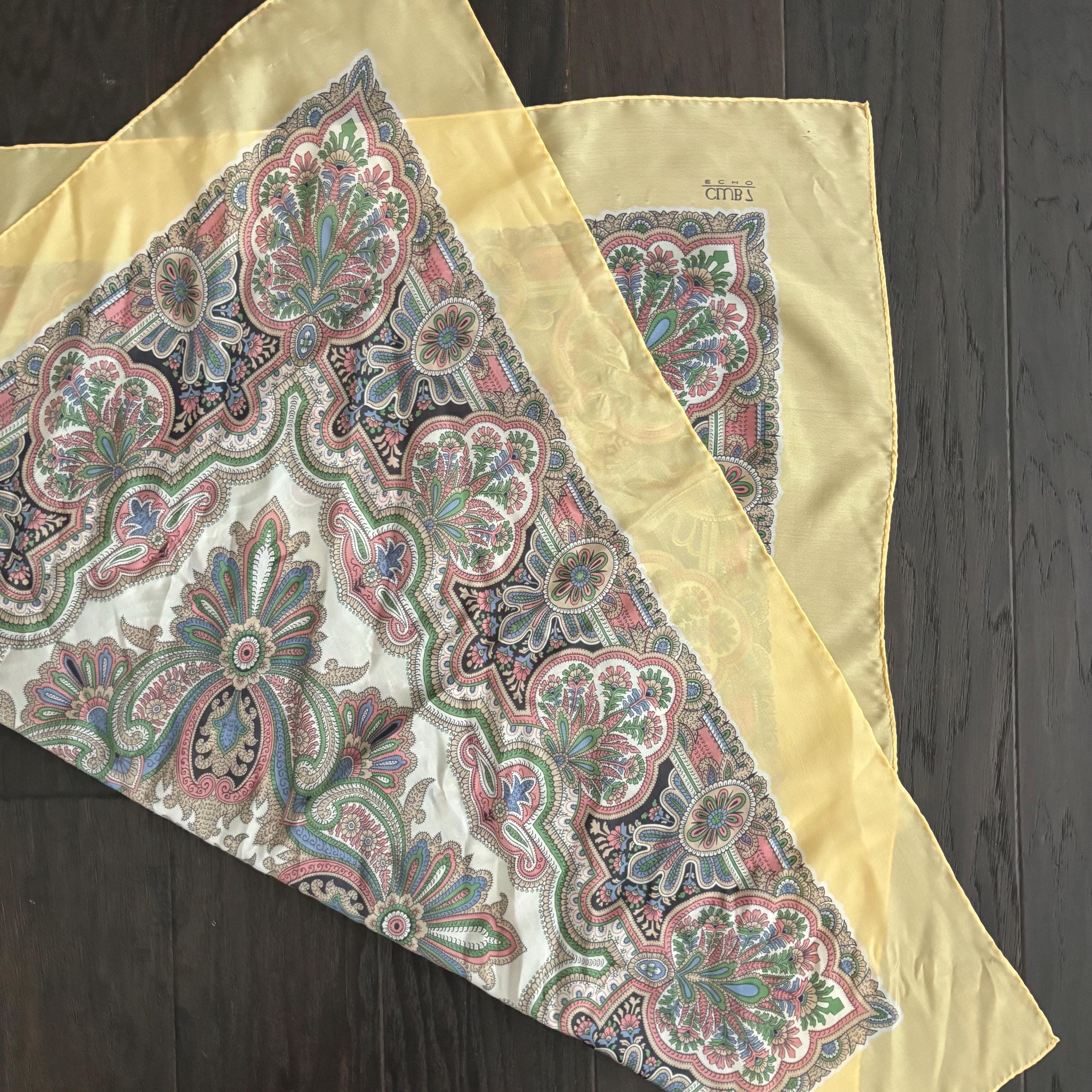 Foulard Tour De Cou En Soie ECHO Vintage - Jaune Et Gris - 70cm X 70cm