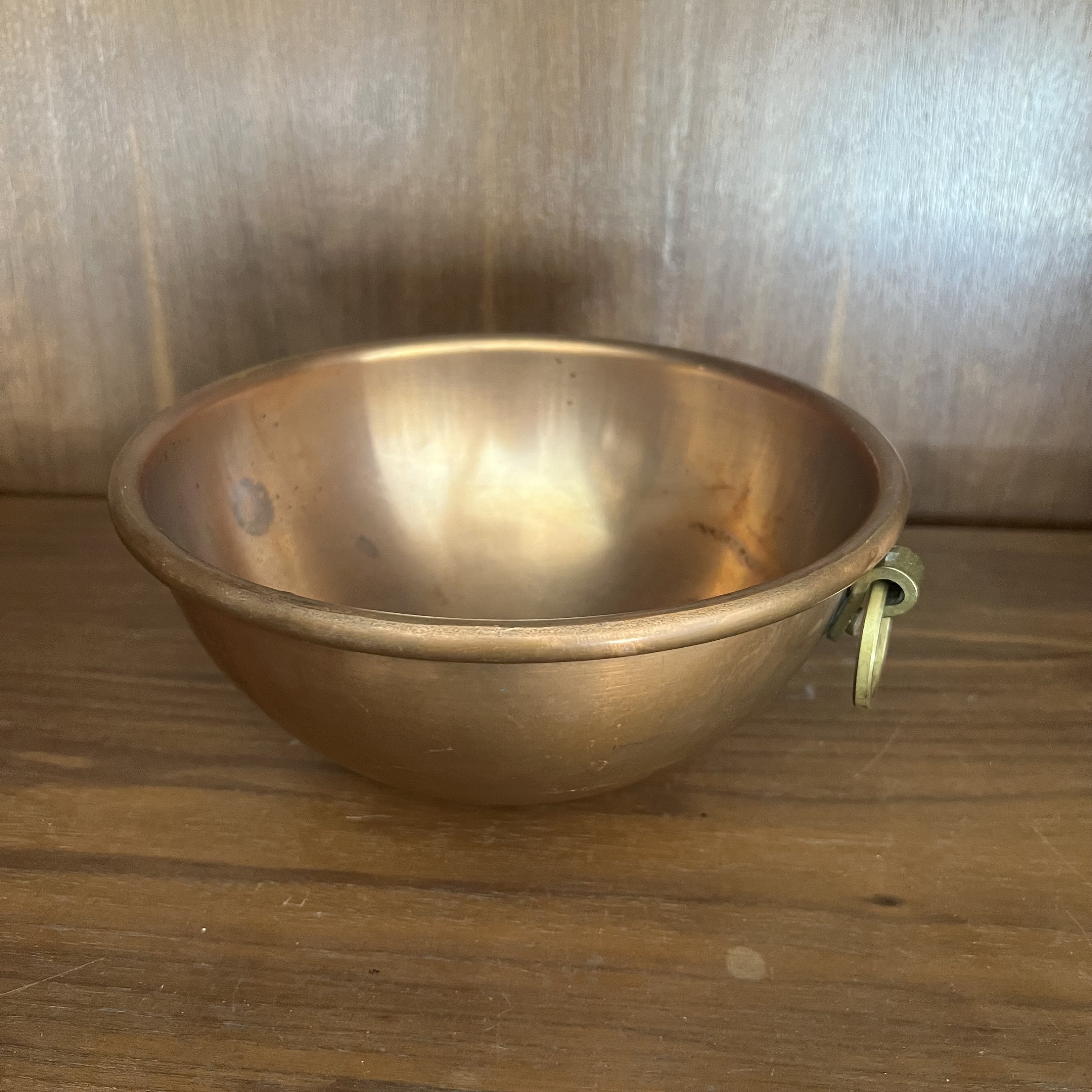 Vintage Copper Mixing Bowl: Heavy Gauge Copper, Brass Ring Handle 