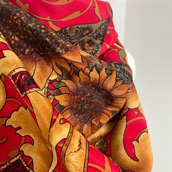 Chanel Sunflower Silk Scarf Red Gold Brown Printe… - image 2