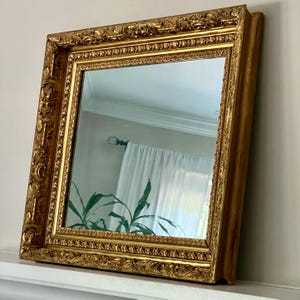 Antique Gold Gilt Mirror Ornate Gold Wood Frame Squarish Rectangular 30 inch Gold Gilt Wall Mantle Mirror