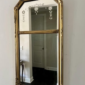 Antique Gold Gilt Mirror Etched Rectangular 30” x 16” Two Panel Mirror Carved Gold Wood Frame Hollywood Regency Style Mirror