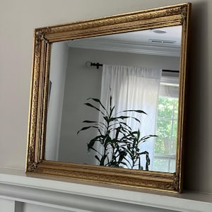 Ornately Carved Gold Gilt Wall / Mantel Mirror Solid Wood 41” x 30” Gold Frame Mirror Hollywood Regency Gold Home Decor