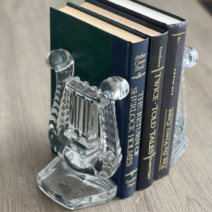 Vintage Lyre Harp Glass Crystal Bookends Book Lovers Gifts Antique Books Decor Clear Bookends Musical Home Decor