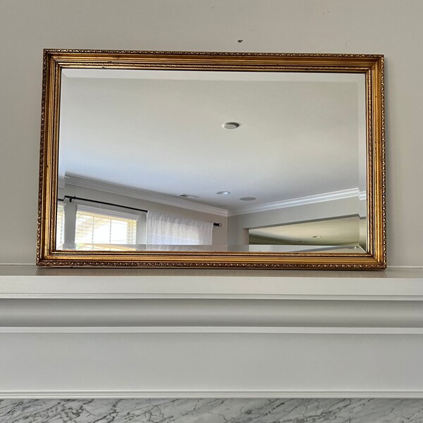 Vintage Gold Gilt Mirror 32.5 x 21” Beveled Rectangular Gold Gilt Mirror Carved Gold Wood Frame Art Nuevo  Hollywood Regency Style