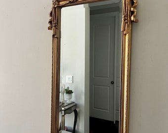 Vintage Gold Gilt Mirror Rectangular Gold Gilt Mirror Carved Gold Top Accent Frame Hollywood Regency Style Gilded Mirror