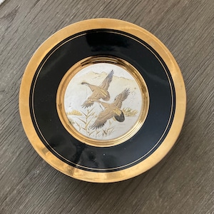 Vintage Chokin Art Plate Original Art of Chokin Black And Gold Gilt Plate Featuring Flying Swans Geese Collectible Japan Art Plates