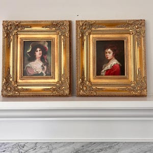 Vintage Portrait Oil on Canvas Paintings in Ornate Gilt Frames – Romantic Victorian Style Wall Art – Classical Portraits Set of Two