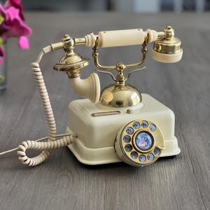 Rotary Phone Gold & Cream Rotary Dial Telephone Vintage Corded Desk Phone Made in Korea