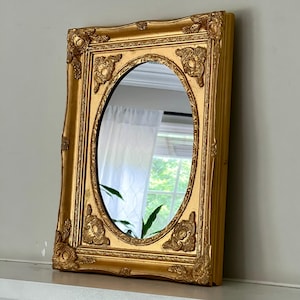 Vintage Gold Gilt Mirror Ornately Carved 19”x15” Rectangular Shape Gold Gilt Frame and Oval Mirror Carved Gold Frame Decorative Wall Mirror