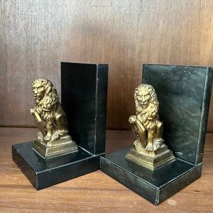 Vintage Gold Lion  Bookends Pair Gold Gilt Metal & Italian Alabaster Bookends Hollywood Regency Style Big Cat Decor Book Lovers Gift