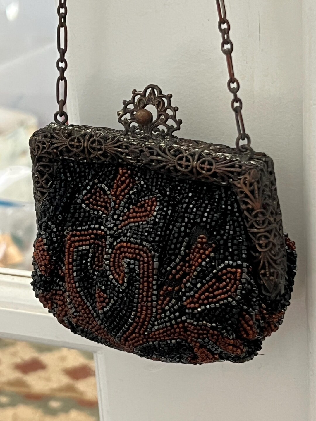 Antique Beaded Evening Bag Ornate Metal Frame Edwardian–early Art Deco ...