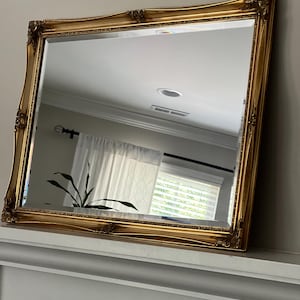 Gold Gilt Mirror 42” x 36” Large Rectangular Mirror Ornate Multilayered Carved Gold Frame Mirror Art Nouveau Hollywood Regency Style