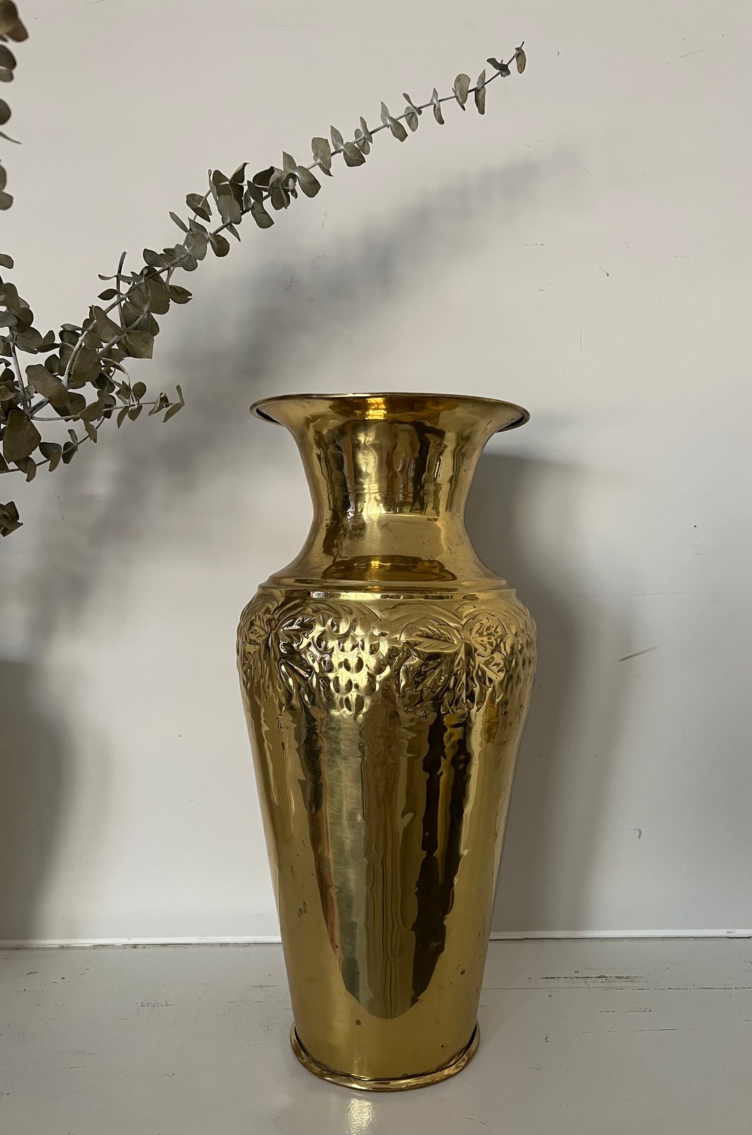 Vintage Large Gold Vase Solid Brass Vase Engraved Embossed Grape Vines
